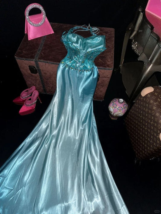 Vintage Turquoise Halter-Neck Sweetheart Mermaid Beaded Evening Dress DP8085