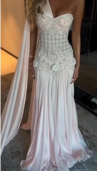 Unique Pink Applique Beaded Prom Dress Sheath Pleated Evening Gown One-shoulder Party Dress Floor-length Formal Dress DP6880