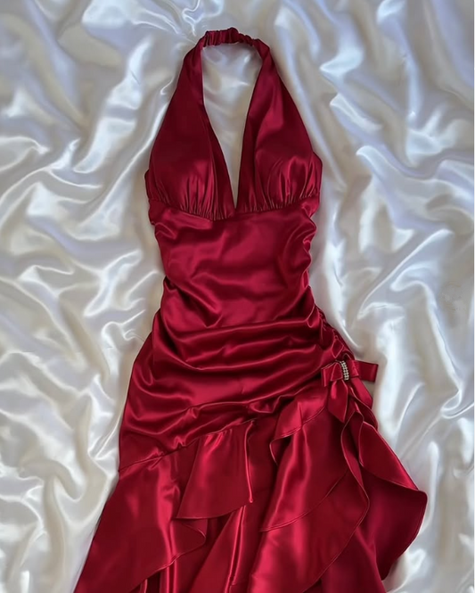 Vintage Wine Red Halter Satin Long Evening Party Dress Birthday Outfits, DP4389