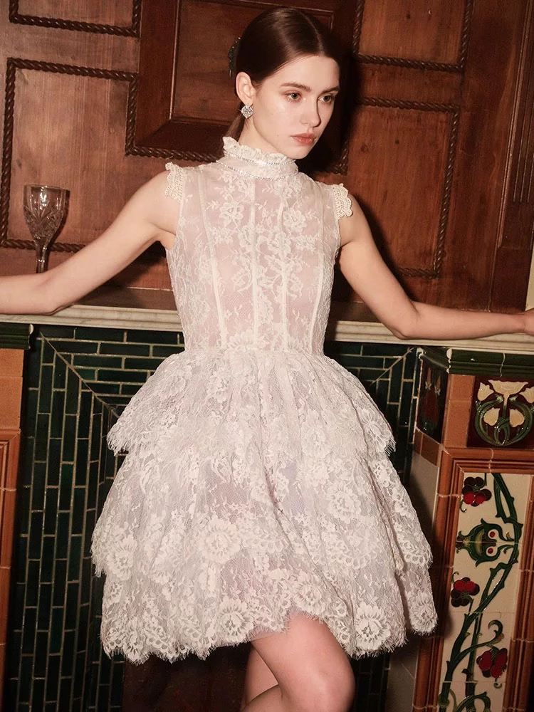 Vintage Beige Applique Design A-line Lace Short Tiered Party Dress Homecoming Dresses, DP5970