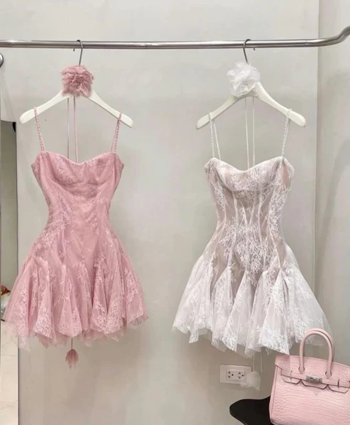 White Straps A-Line Lace Short Party Dress Homecoming Dress, DP3193