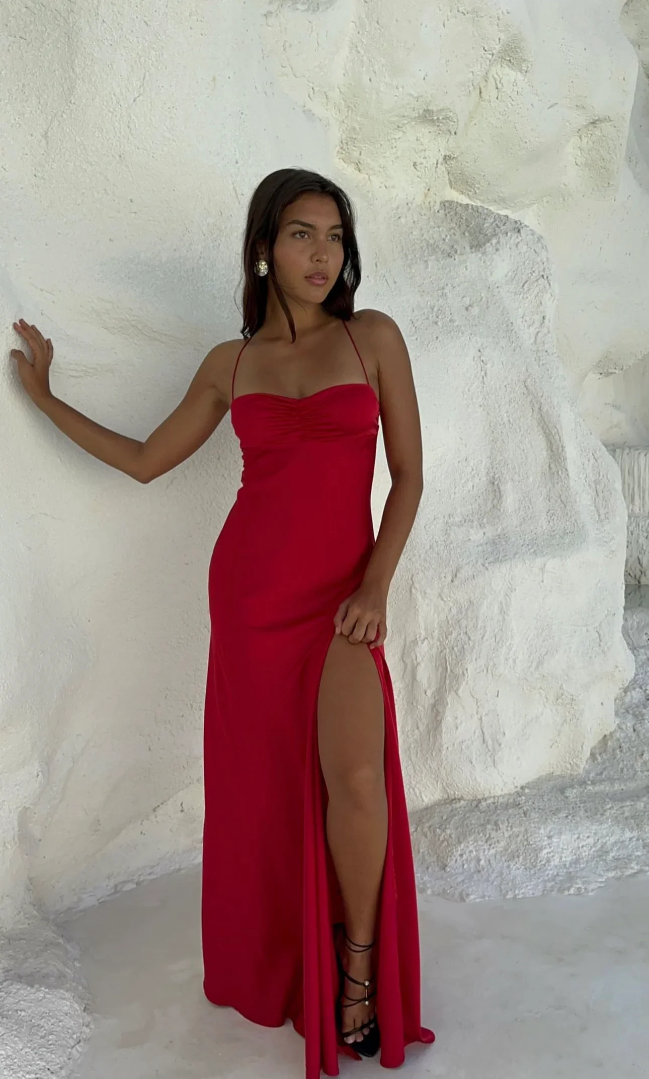 Charming Red Straps Satin Long Party Dress with Split, DP2759