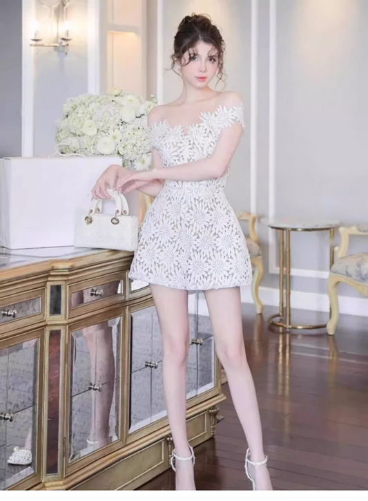 Cute White Appliqued Off-the-shoulder Design A-line Party Dress Homecoming Dress, DP5852