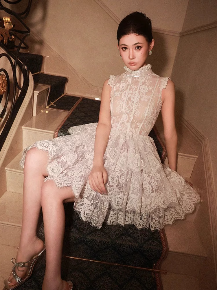 Vintage Beige Applique Design A-line Lace Short Tiered Party Dress Homecoming Dresses, DP5970