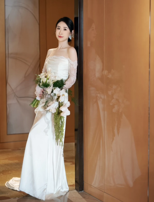 Elegant White Satin Off-Shoulder Wedding Dress Sheath Lace Sleeves Bridal Gown DP7202