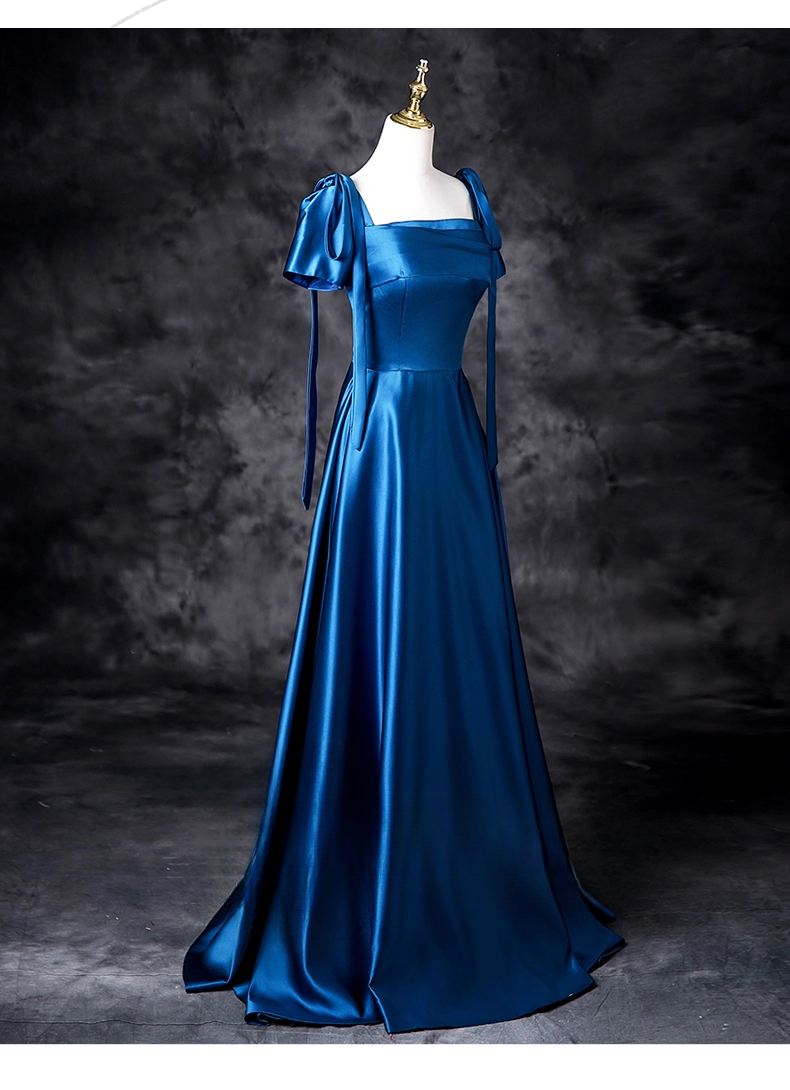 Vintage Royal Blue Satin Prom Dress A-Line Evening Gown Short-sleeved Party Dress Long Formal Dress DP6917