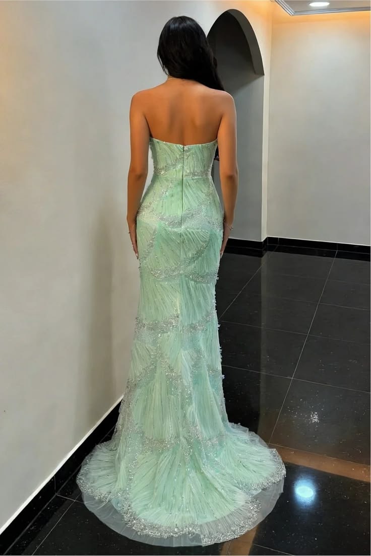Vintage Mint Green Strapless Sweetheart Beaded Mermaid Evening Dress DP8081