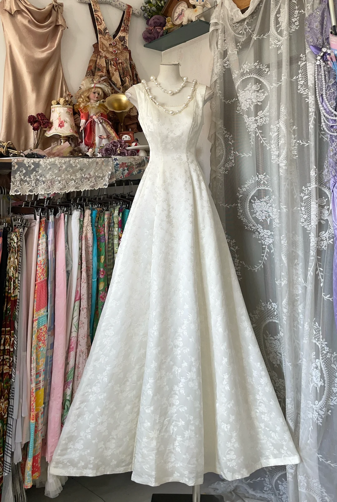 Vintage Ivory Floral Print A-Line Prom Dress Evening Dress DP6376
