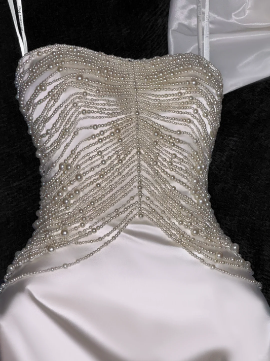 Elegant White Strapless Mermaid Satin Long Party Dresses Wedding Dresses, DP5477