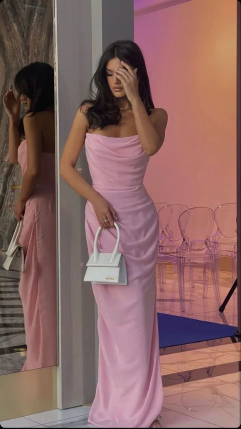 Elegant Pink Strapless Sheath Long Prom Dress Birthday Outfits, DP3735 – DSProm