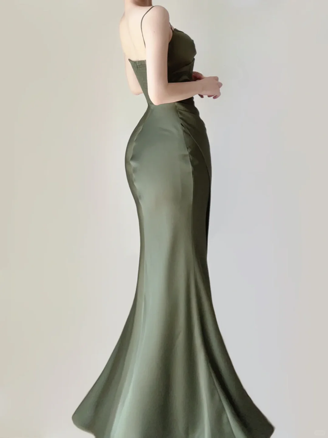 Green Spaghetti Straps Mermaid Satin Long Party Dress Wedding Guest Dress, DP5382