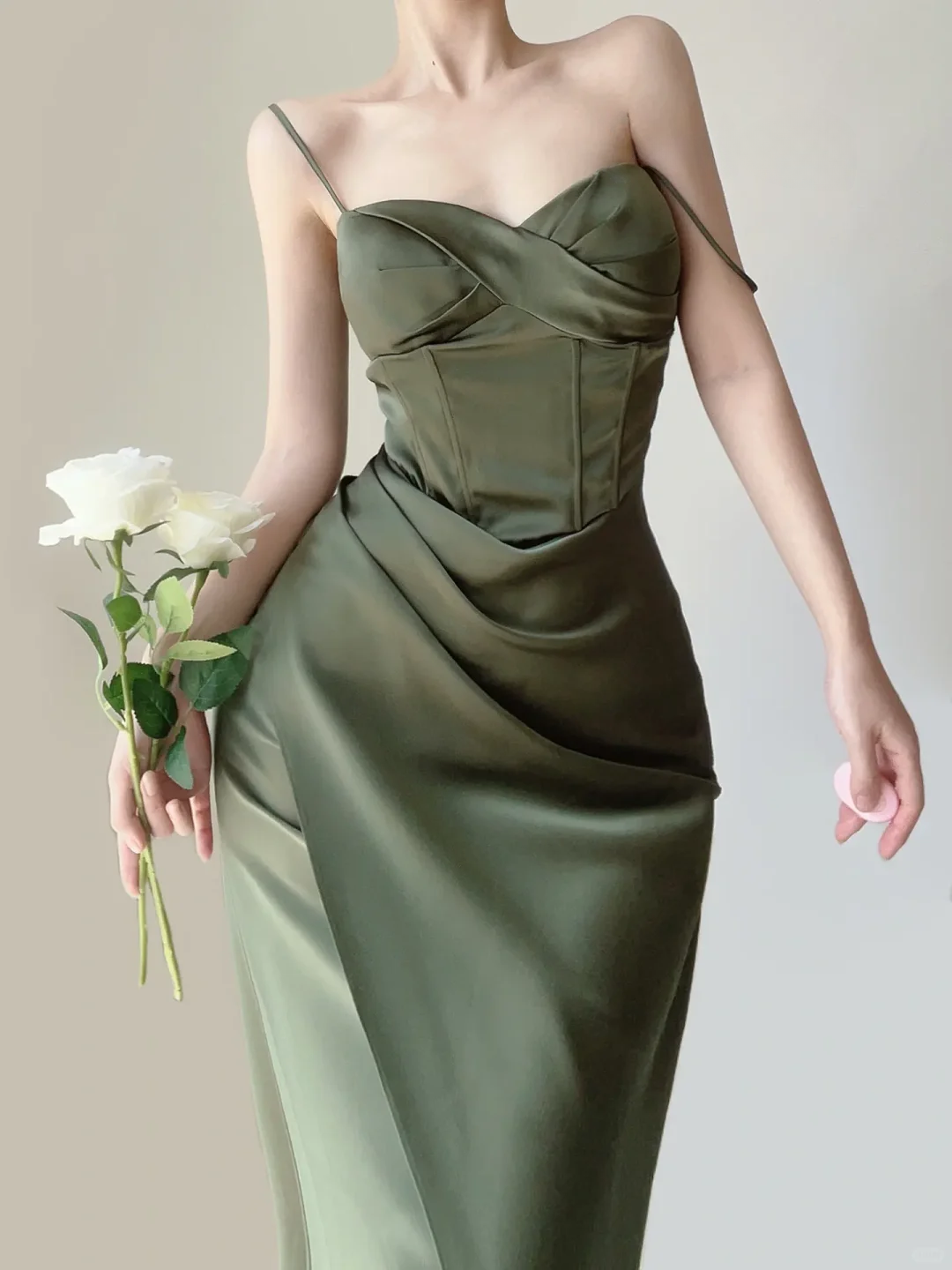 Green Spaghetti Straps Mermaid Satin Long Party Dress Wedding Guest Dress, DP5382