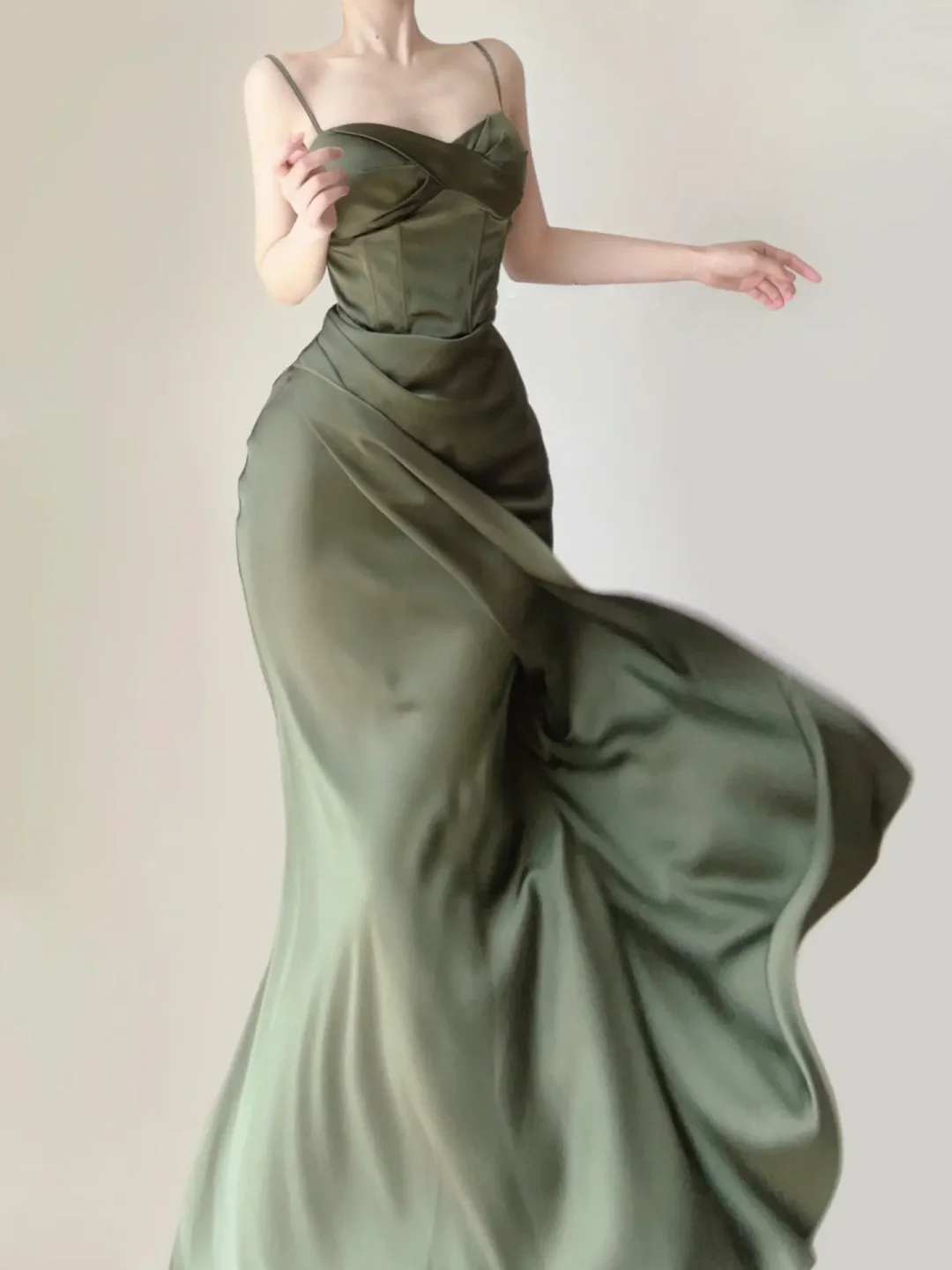 Green Spaghetti Straps Mermaid Satin Long Party Dress Wedding Guest Dress, DP5382