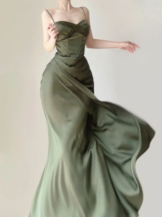 Green Spaghetti Straps Mermaid Satin Long Party Dress Wedding Guest Dress, DP5382