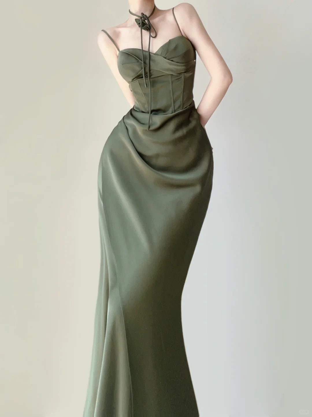 Green Spaghetti Straps Mermaid Satin Long Party Dress Wedding Guest Dress, DP5382