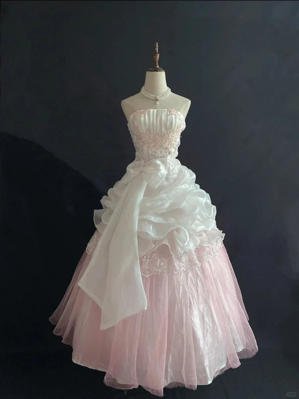 Vintage Pink Strapless Chiffon Sweet 16 Quinceanera A-Line Ruffles Evening Dress Ball Gown DP6298