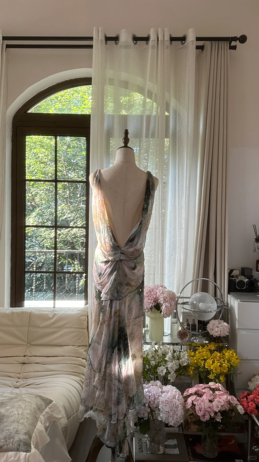 Robe de soirée romantique en mousseline de soie, dos nu, bretelles spaghetti scintillantes, style vintage, DP5991