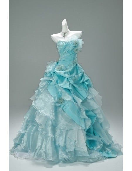 Elegant Turquoise Tiered Ruffled Ball Gown – Strapless Floral-Embellished Organza Prom Dress DP7004