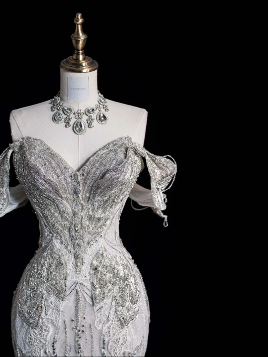 Superbe robe de soirée sirène à épaules dénudées et perles, tenue d'anniversaire, DP5261