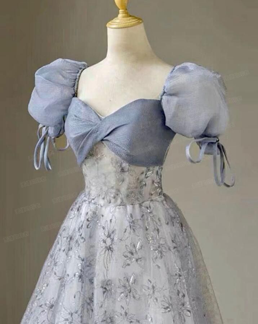Robe de soirée longue bleu clair à manches bouffantes, coupe trapèze, DP3604