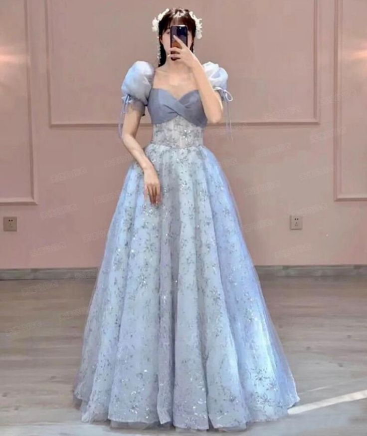 Robe de soirée longue bleu clair à manches bouffantes, coupe trapèze, DP3604