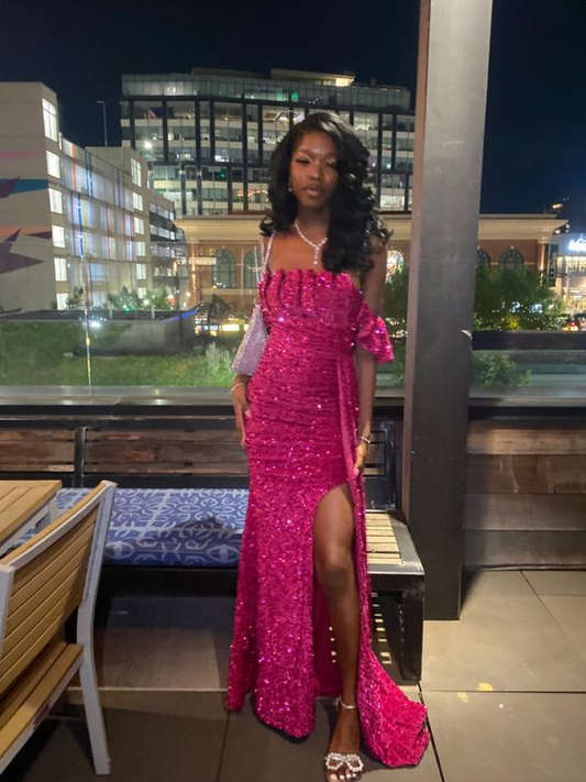 Heißes rosa Pailletten langes Partykleid Abendkleid mit Schlitz, DP3807