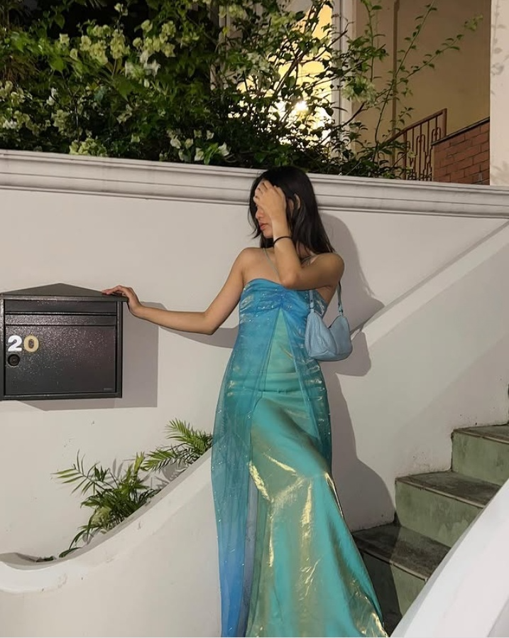 Charming Blue Halter Satin Tulle Long Evening Party Dress, DP3012