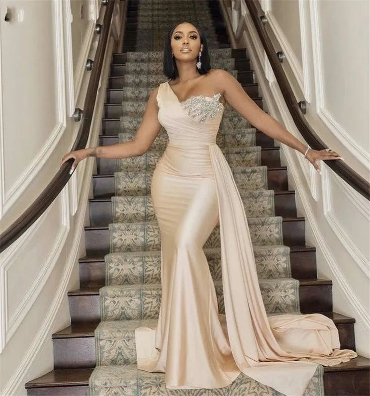 Modest Champagne One Shoulder Sleeveless Mermaid Satin Bridesmaid Dresses,DS4640