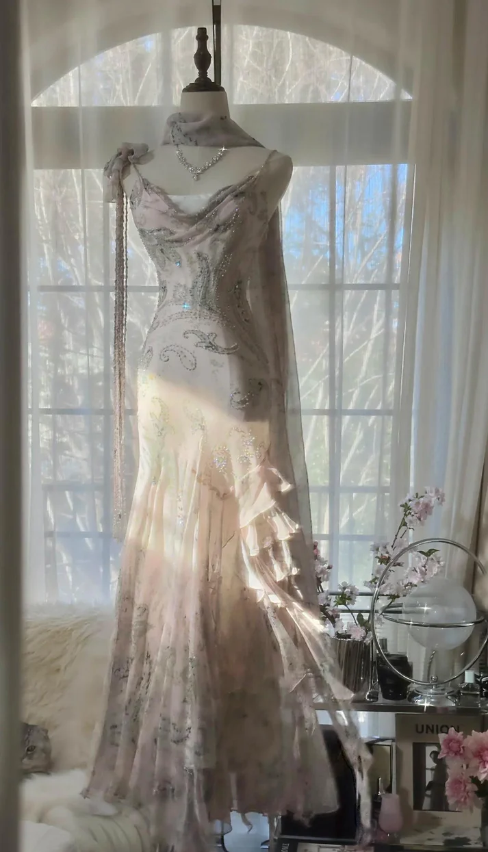 Light Sage Straps Mermaid Beading Chiffon Long Party Dress Birthday Dress, DP4972