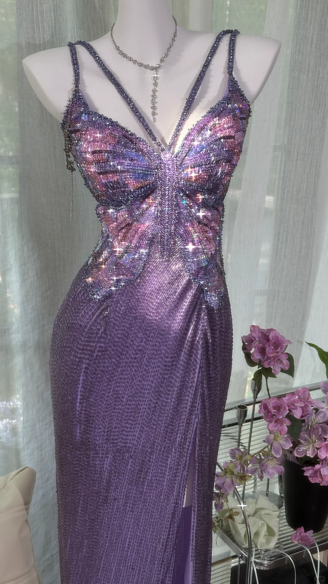 Gorgeous Purple Shiny Beaded Butterflies Pattern Spaghetti Strap Sheath High Slit Prom Dress Evening Dress DP6365