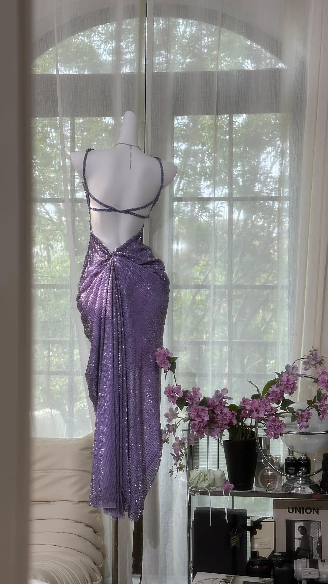 Gorgeous Purple Shiny Beaded Butterflies Pattern Spaghetti Strap Sheath High Slit Prom Dress Evening Dress DP6365