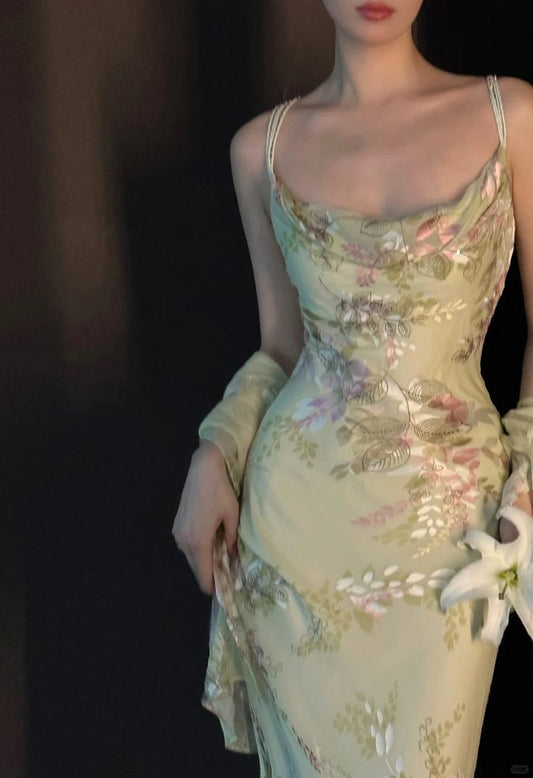 Glamorous Sage Green Floral Print Cowl Neck Satin Mermaid Prom Dress Spaghetti Strap Formal Evening Gown DP8203
