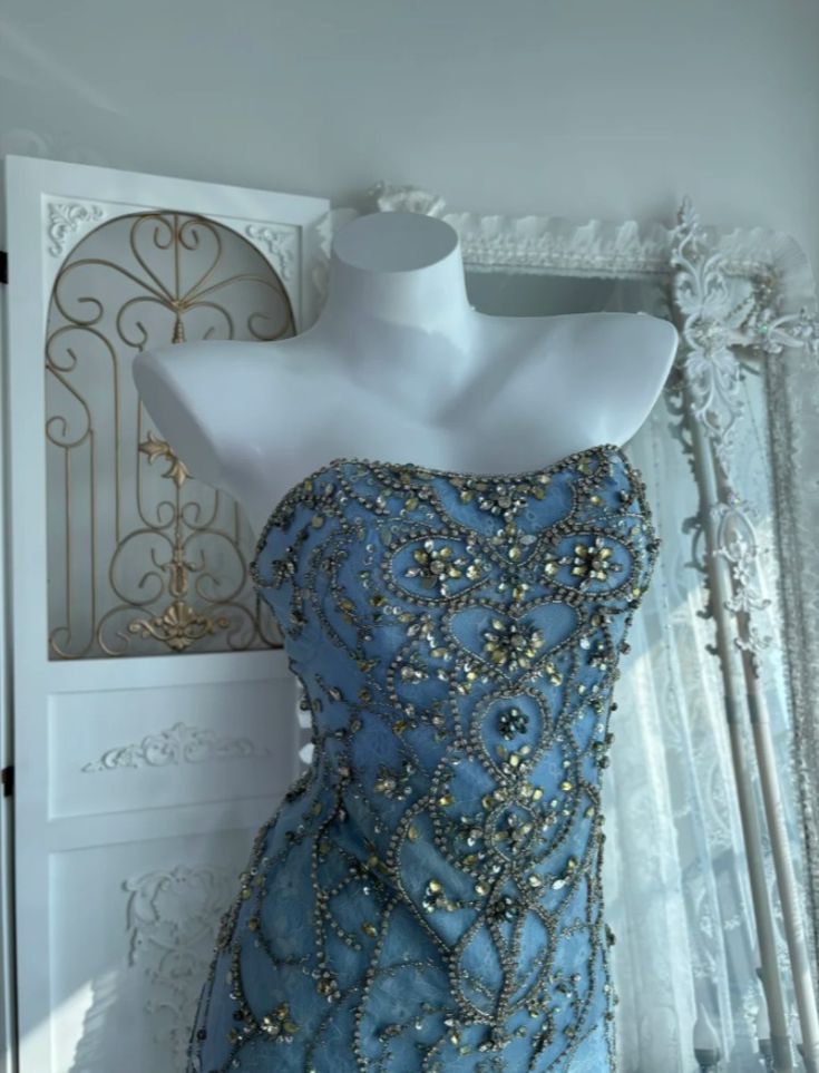 Stunning Light Blue Beaded Mermaid Evening Dress 3D Floral Prom Gown DP7864