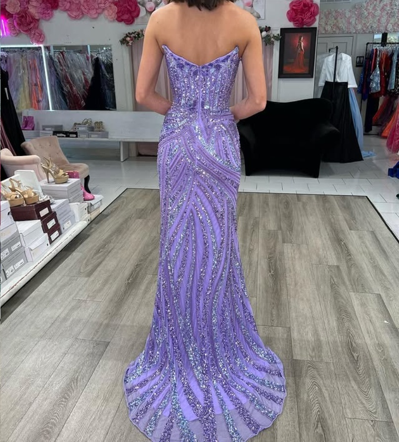 Blue Strapless Sequins Mermaid Long Prom Dress with Split, DP4117