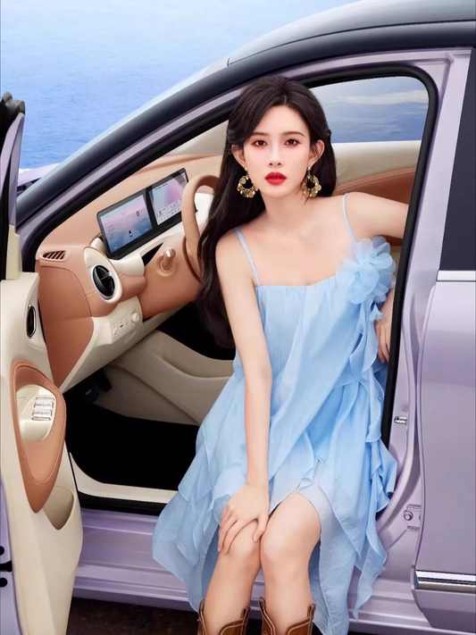 New Fashion Light Blue 3D Flower Spaghetti Strap Irregular Hem Design Summer Party Dress, DP5964