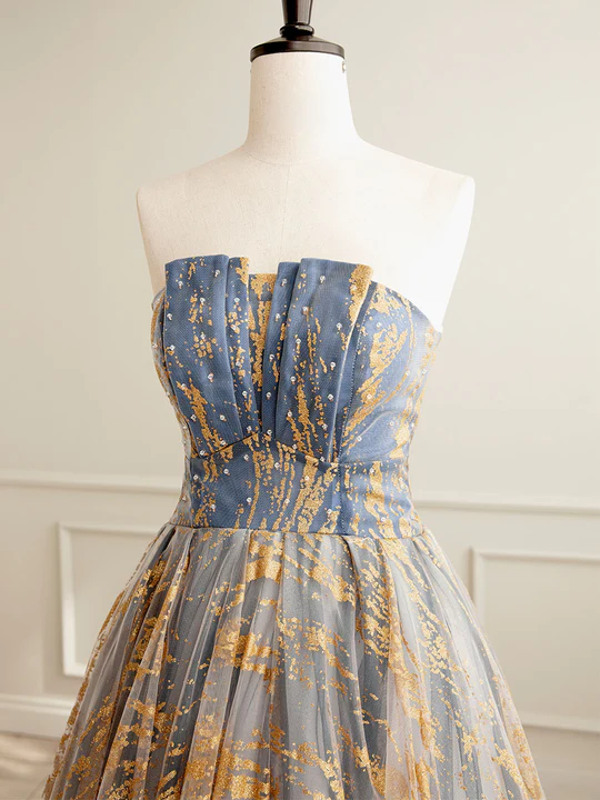 Vintage Sequin Beaded Strapless Ruffled Hem Design A-line Tulle Party Dress Homecoming Dress DP6073