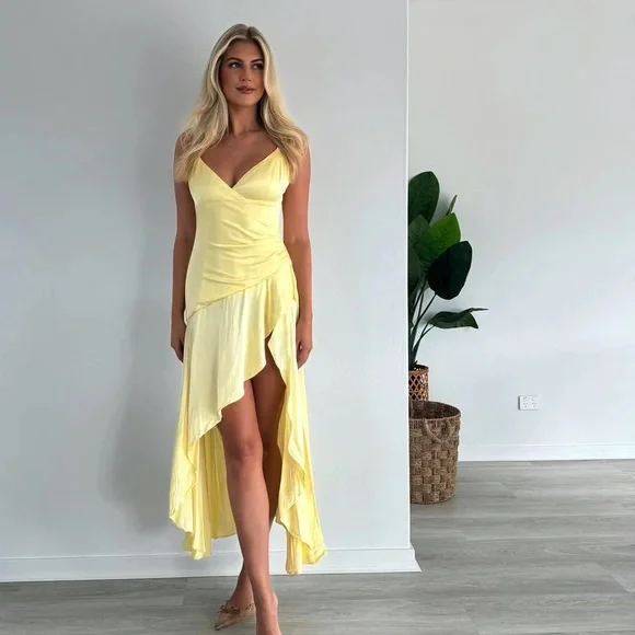 Yellow High-Low Spaghetti Straps Prom Dress Party Dress,DP442