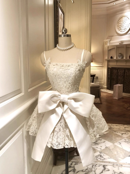 Vintage White Lace Bowknot Design Spaghetti Strap A-Line Homecoming Dress Party Dress Cocktail Dress DP6702