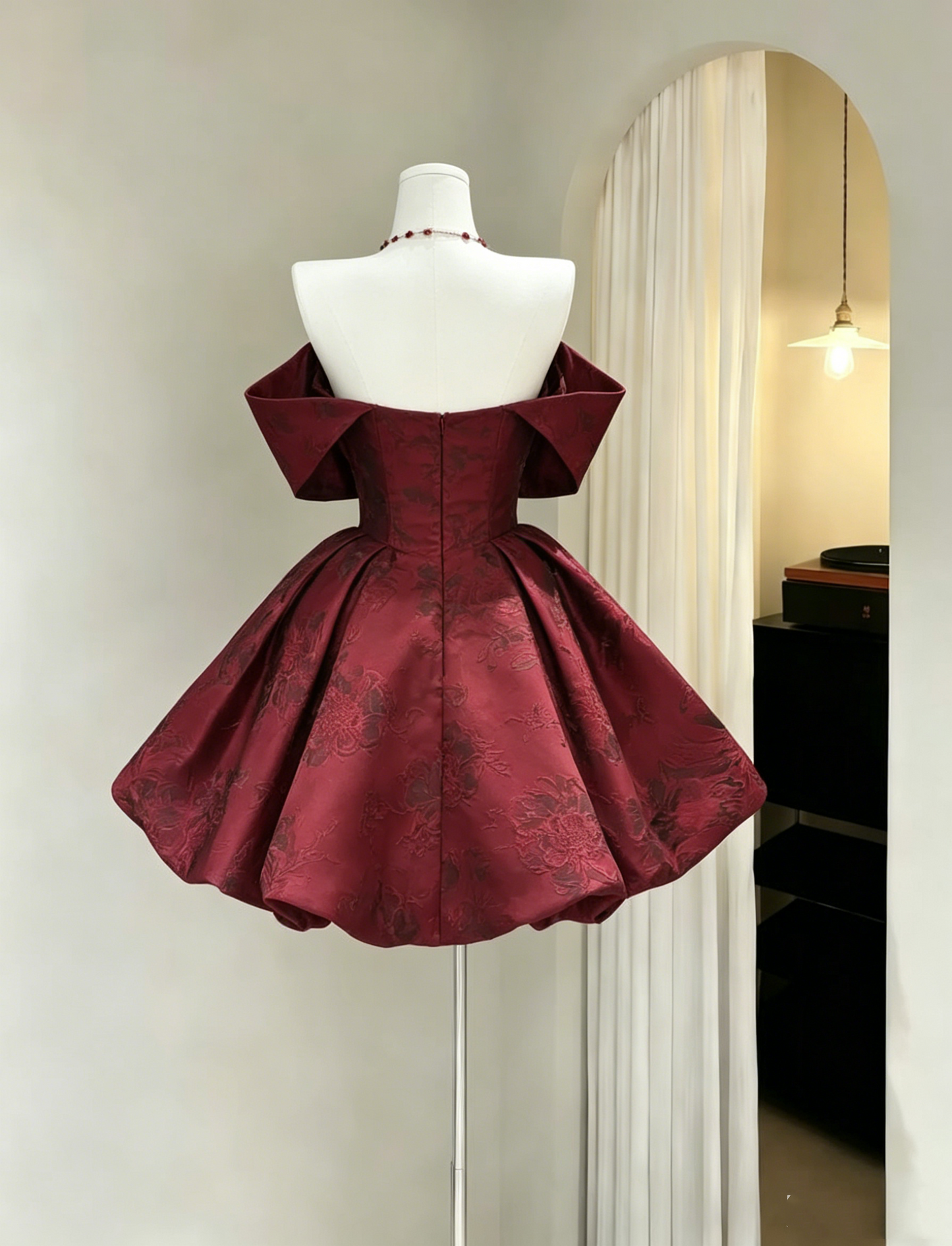 Vintage Burgundy Jacquard Off-the-Shoulder Mini A-Line Homecoming Dress DP8548