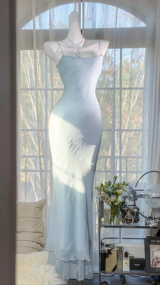 Elegant Light Blue Beaded Mermaid Prom Dress Spaghetti Strap Evening Dress DP8123