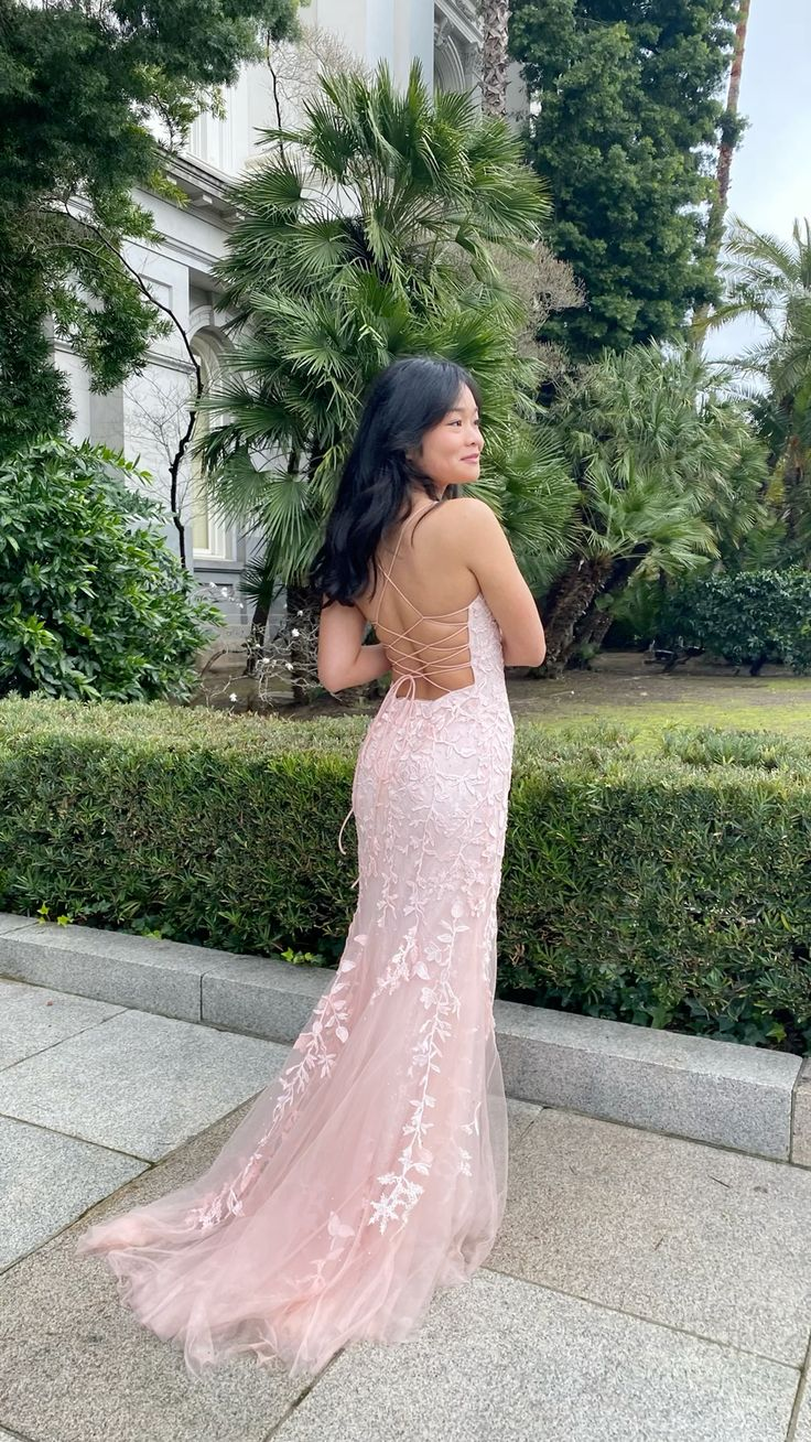 Rosa Träger Tüll Applikationen Meerjungfrau Langes formelles Partykleid, DP3809