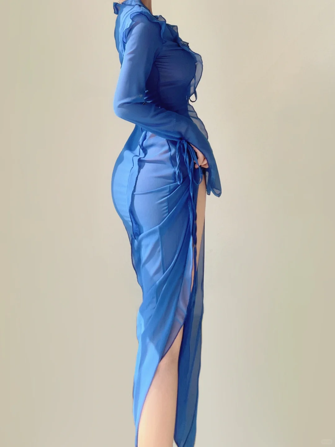 Sexy Blau Tiefem V-Ausschnitt Meerjungfrau Chiffon Langes Abendkleid Strand Outfits, DP5385