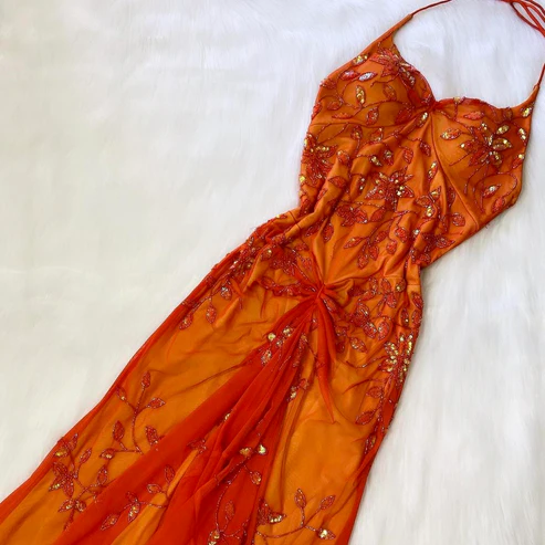 Orange Halter Beading Appliques Vintage Long Party Dress, DP2494