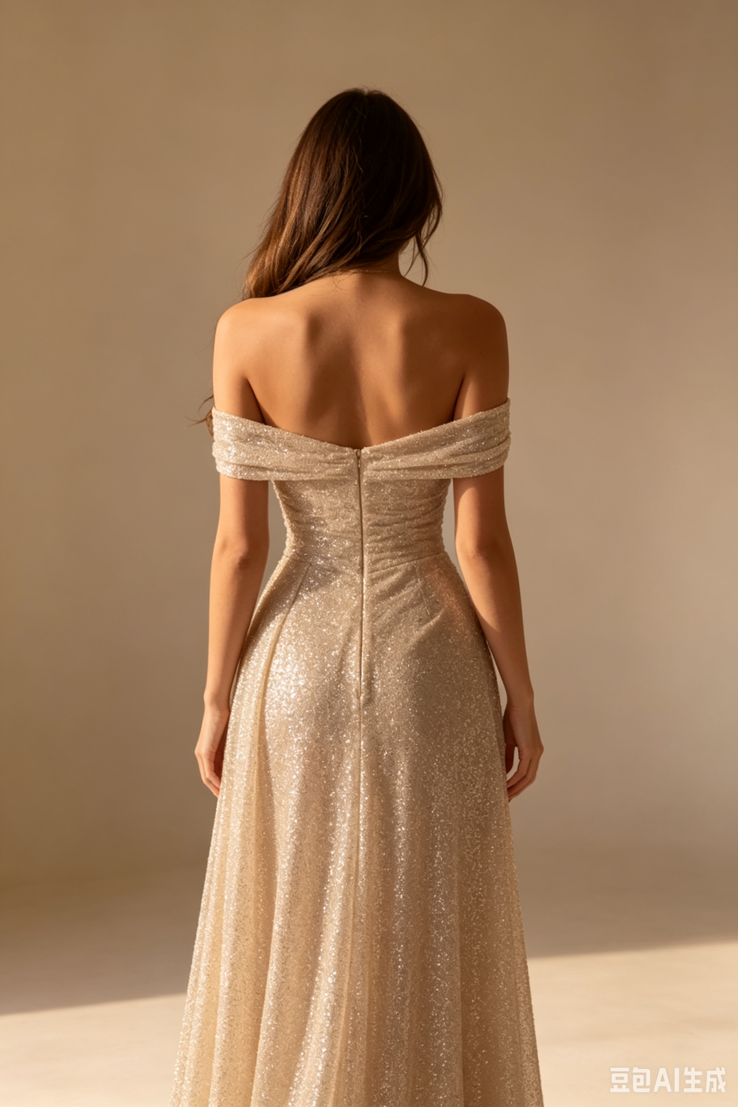 Elegant Champagne Sequin Off-the-Shoulder Ruched High Slit Evening Gown DP8649