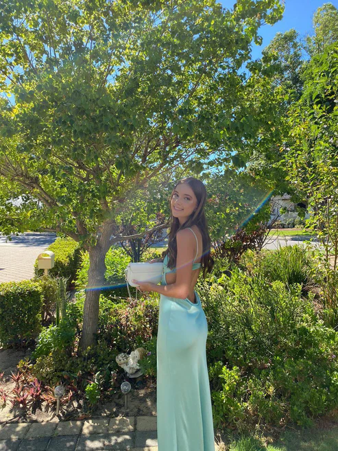 Blue Spaghetti Straps Simple Wedding Guest Dress Long Party Dress, DP3390