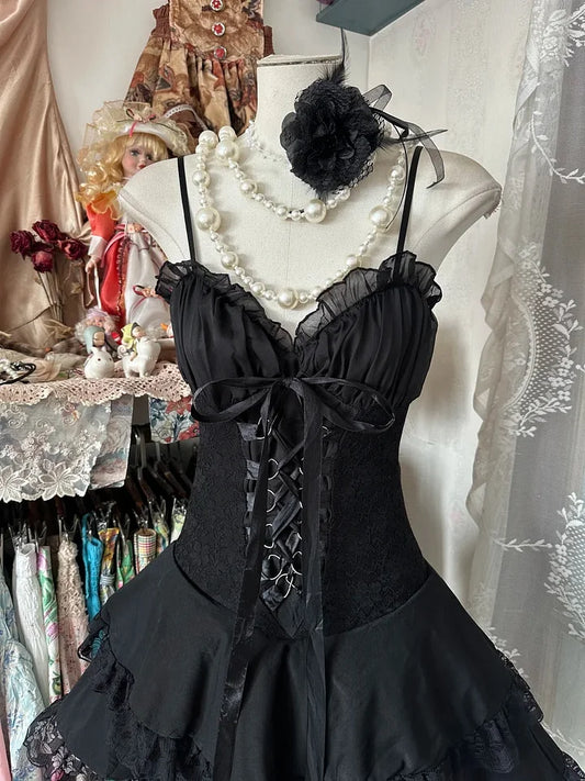 Vintage Black Sweetheart Design Elegant Spaghetti Strap Tiered Homecoming Dress, DP5941