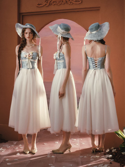 Vintage Dusty Blue & Ivory Bridesmaid Dress Spaghetti Strap Tulle Tea-Length Evening Gown DP7999