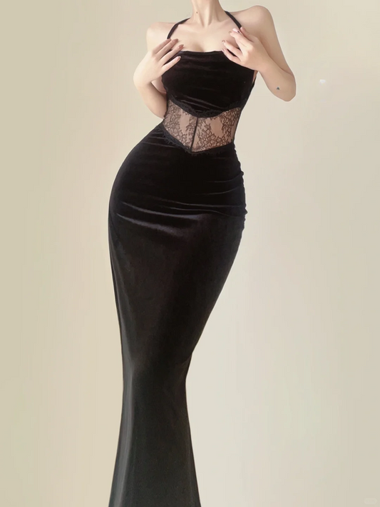 Sexy Black Backless Mermaid Velvet Long Evening Dress Birthday Outfits, DP5386