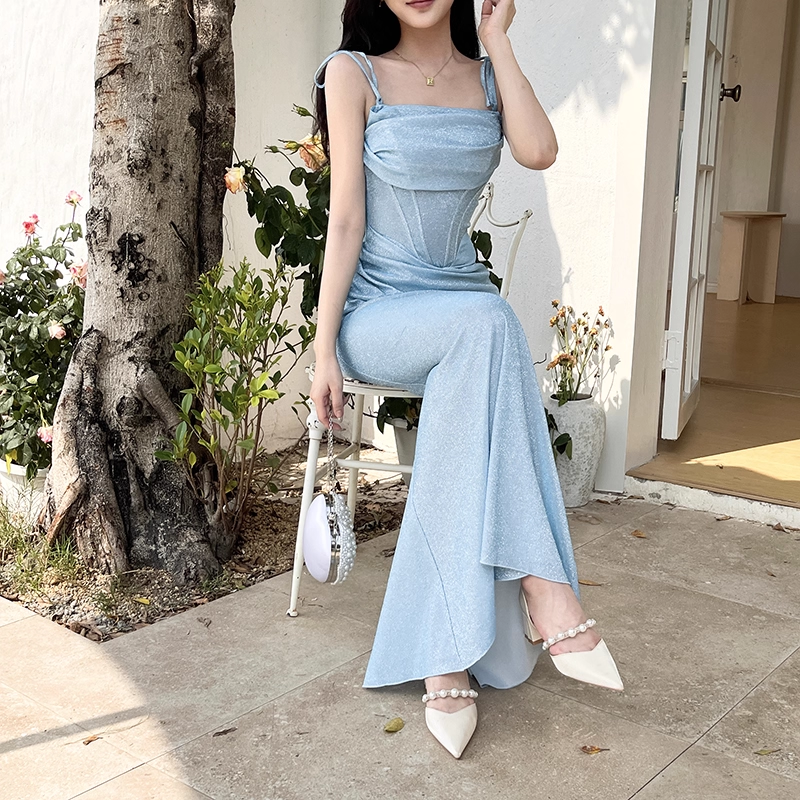 Vintage Glänzendes Hellblaues Spaghettiträger Meerjungfrau Langes Sommerkleid Ballkleid Abendkleid DP6398