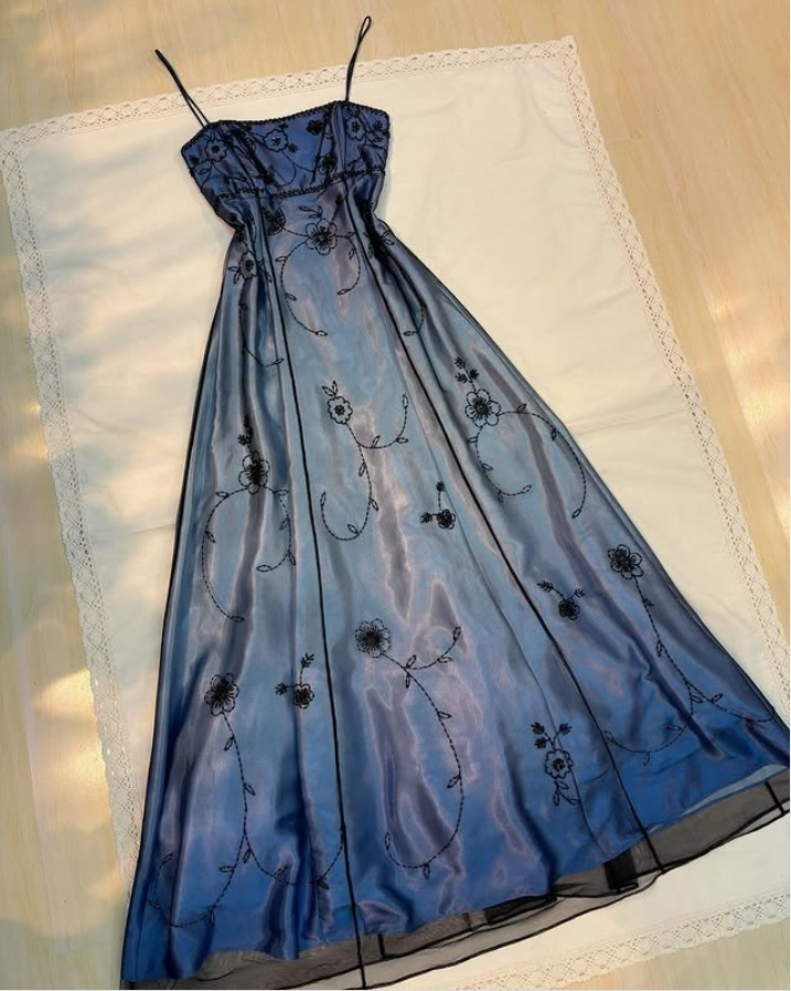 Elegant Blue Spaghetti Straps A-Line Vintage Long Party Dress, DP3990